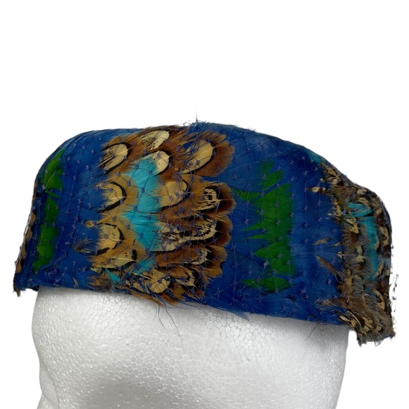 Vintage Marshall Fields 40s Pheasant Feather Ladies Elegant Event Pillbox Hat 46 - Picture 13 of 16